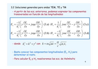 3.2 Soluciones generales para ondas TEM, TE y TM
- A partir de las ecs. anteriores, podemos expresar las componentes
transversales en función de las longitudinales:
(3.b)
1
(3.a)
1
2
2






























x
H
j
y
E
k
E
y
H
j
x
E
k
E
z
z
c
y
z
z
c
x




- donde con
2
2
2


 k
kc r
r
c
k 



 

- Basta conocer las componentes longitudinales (Ez, Hz) para
determinar el resto.
- Para calcular Ez y Hz resolveremos las ecs. de Helmholtz
(3.d)
1
(3.c)
1
2
2





























y
H
x
E
j
k
H
x
H
y
E
j
k
H
z
z
c
y
z
z
c
x




6
 