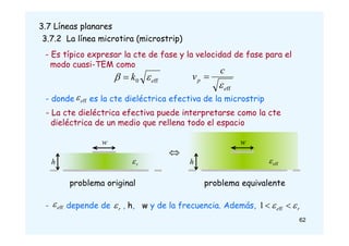 3.7 Líneas planares
3.7.2 La línea microtira (microstrip)
- Es típico expresar la cte de fase y la velocidad de fase para el
modo cuasi-TEM como
ff
e
p
c
v


ff
0 e
k 
 
- donde es la cte dieléctrica efectiva de la microstrip
ff
e

- La cte dieléctrica efectiva puede interpretarse como la cte
dieléctrica de un medio que rellena todo el espacio
w
r

h
w
eff

h

62
- depende de , h, w y de la frecuencia. Además,
ff
e
 r
e 
 
 ff
1
r

problema original problema equivalente
 