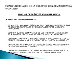 ATRIBUCIONES Y RESPONSABILIDADES:
 ESTABLECE LAS CARACTERÍSTICAS, TIPO, CALIDAD, CANTIDAD DE LOS
PRODUCTOS, MATERIALES O INSUMOS A ADQUIRIRSE Y SOLICITA
PROFORMAS
 ELABORA CUADRO COMPARATIVO DE LOS PRECIOS Y MATERIALES O
MERCADERÍA A SER ADQUIRIDAS PARA LA TOMA DE DECISIONES.
 VERIFICA LA FACTURA ENTREGADA POR EL PROVEEDOR Y REALIZA EL
INGRESO DE MERCADERÍA A TRAVÉS DEL SISTEMA DE INVENTARIOS.
 RECOPILA LA INFORMACIÓN DE LAS NECESIDADES ÁREAS Y ELABORA
ÓRDENES DE PEDIDO Y COMPRA.
 VERIFICA LA EXISTENCIA DE OPORTUNIDADES DE COMPRA-VENTA DE
PRODUCTOS MEDIANTE EL SISTEMA DE COMPRAS PÚBLICAS.
AUXILIAR DE TRÁMITES ADMINISTRATIVOS:
 