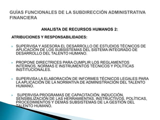 ATRIBUCIONES Y RESPONSABILIDADES:
 SUPERVISA Y ASESORA EL DESARROLLO DE ESTUDIOS TÉCNICOS DE
APLICACIÓN DE LOS SUBSISTEMAS DEL SISTEMA INTEGRADO DE
DESARROLLO DEL TALENTO HUMANO.
 PROPONE DIRECTRICES PARA CUMPLIR LOS REGLAMENTOS
INTERNOS, NORMAS E INSTRUMENTOS TÉCNICOS Y POLÍTICAS
INSTITUCIONALES.
 SUPERVISA LA ELABORACIÓN DE INFORMES TÉCNICOS LEGALES PARA
LA APLICACIÓN DE LA NORMATIVA DE ADMINISTRACIÓN DEL TALENTO
HUMANO.
 SUPERVISA PROGRAMAS DE CAPACITACIÓN, INDUCCIÓN,
SENSIBILIZACIÓN DE LAS HERRAMIENTAS, INSTRUCTIVOS, POLÍTICAS,
PROCEDIMIENTOS Y DEMÁS SUBSISTEMAS DE LA GESTIÓN DEL
TALENTO HUMANO.
ANALISTA DE RECURSOS HUMANOS 2:
 