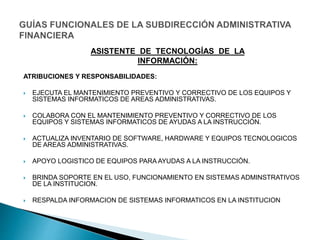 ASISTENTE DE TECNOLOGÍAS DE LA
INFORMACIÓN:
ATRIBUCIONES Y RESPONSABILIDADES:
 EJECUTA EL MANTENIMIENTO PREVENTIVO Y CORRECTIVO DE LOS EQUIPOS Y
SISTEMAS INFORMATICOS DE AREAS ADMINISTRATIVAS.
 COLABORA CON EL MANTENIMIENTO PREVENTIVO Y CORRECTIVO DE LOS
EQUIPOS Y SISTEMAS INFORMATICOS DE AYUDAS A LA INSTRUCCIÓN.
 ACTUALIZA INVENTARIO DE SOFTWARE, HARDWARE Y EQUIPOS TECNOLOGICOS
DE AREAS ADMINISTRATIVAS.
 APOYO LOGISTICO DE EQUIPOS PARA AYUDAS A LA INSTRUCCIÓN.
 BRINDA SOPORTE EN EL USO, FUNCIONAMIENTO EN SISTEMAS ADMINSTRATIVOS
DE LA INSTITUCION.
 RESPALDA INFORMACION DE SISTEMAS INFORMATICOS EN LA INSTITUCION
 