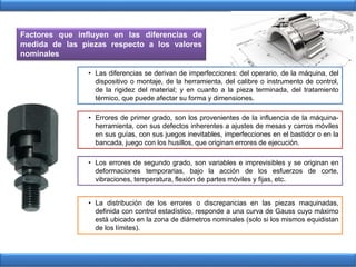 • Las diferencias se derivan de imperfecciones: del operario, de la máquina, del
dispositivo o montaje, de la herramienta, del calibre o instrumento de control,
de la rigidez del material; y en cuanto a la pieza terminada, del tratamiento
térmico, que puede afectar su forma y dimensiones.
Factores que influyen en las diferencias de
medida de las piezas respecto a los valores
nominales
• Errores de primer grado, son los provenientes de la influencia de la máquina-
herramienta, con sus defectos inherentes a ajustes de mesas y carros móviles
en sus guías, con sus juegos inevitables, imperfecciones en el bastidor o en la
bancada, juego con los husillos, que originan errores de ejecución.
• Los errores de segundo grado, son variables e imprevisibles y se originan en
deformaciones temporarias, bajo la acción de los esfuerzos de corte,
vibraciones, temperatura, flexión de partes móviles y fijas, etc.
• La distribución de los errores o discrepancias en las piezas maquinadas,
definida con control estadístico, responde a una curva de Gauss cuyo máximo
está ubicado en la zona de diámetros nominales (solo si los mismos equidistan
de los límites).
 