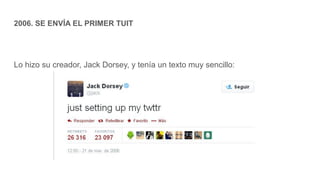 2006. SE ENVÍA EL PRIMER TUIT
Lo hizo su creador, Jack Dorsey, y tenía un texto muy sencillo:
 