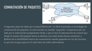 CONMUTACIÓN DE PAQUETES
el siguiente paso fue dado por Leonard Kleinrock en 1964 al postular su tecnología de
conmutación ...