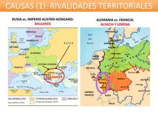 CAUSAS (1): RIVALIDADES TERRITORIALES
 RUSIA vs. IMPERIO AUSTRO-HÚNGARO:   ALEMANIA vs. FRANCIA:
               BALCANES                ALSACIA Y LORENA
 