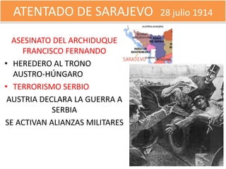 ATENTADO DE SARAJEVO          28 julio 1914

  ASESINATO DEL ARCHIDUQUE
    FRANCISCO FERNANDO
• HEREDERO AL TRONO
  AUSTRO-HÚNGARO
• TERRORISMO SERBIO
 AUSTRIA DECLARA LA GUERRA A
            SERBIA
SE ACTIVAN ALIANZAS MILITARES
 