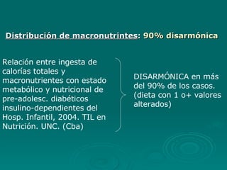 Distribución de macronutrintes :  90% disarmónica   DISARMÓNICA en más del 90% de los casos. (dieta con 1 o+ valores alterados)  Relación entre ingesta de calorías totales y macronutrientes con estado metabólico y nutricional de pre-adolesc. diabéticos insulino-dependientes del Hosp. Infantil, 2004. TIL en Nutrición. UNC. (Cba)  