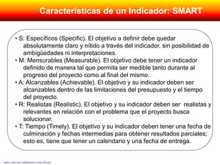 • S: Específicos (Specific). El objetivo a definir debe quedar
absolutamente claro y nítido a través del indicador, sin posibilidad de
ambigüedades ni interpretaciones.
• M: Mensurables (Measurable). El objetivo debe tener un indicador
definido de manera tal que permita ser medible tanto durante al
progreso del proyecto como al final del mismo.
• A: Alcanzables (Achievable). El objetivo y su indicador deben ser
alcanzables dentro de las limitaciones del presupuesto y el tiempo
del proyecto.
• R: Realistas (Realistic). El objetivo y su indicador deben ser realistas y
relevantes en relación con el problema que el proyecto busca
solucionar.
• T: Tiempo (Timely). El objetivo y su indicador deben tener una fecha de
culminación y fechas intermedias para obtener resultados parciales;
esto es, tiene que tener un calendario y una fecha de entrega.
MBA CRISTIAN ABRAHAM CURO ROJAS
Características de un Indicador: SMART
 