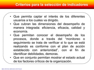 • Que permita captar el interés de los diferentes
usuarios a los cuales va dirigido.
• Que cubran las dimensiones del desempeño de
manera integrada: eficiencia, eficacia, calidad y
economía.
• Que permitan conocer el desempeño de los
procesos, donde a través del “monitoreo o
seguimiento se trata de verificar si lo que se está
realizando es conforme con el plan de acción
establecido con anterioridad”, con el fin de
identificar debilidades, demoras.
• Que en conjunto permitan mostrar el estado actual
de los factores críticos de la organización.
MBA CRISTIAN ABRAHAM CURO ROJAS
Criterios para la selección de indicadores
 