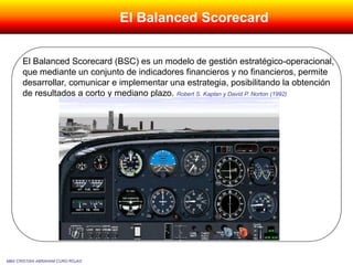 El Balanced Scorecard
El Balanced Scorecard (BSC) es un modelo de gestión estratégico-operacional,
que mediante un conjunto de indicadores financieros y no financieros, permite
desarrollar, comunicar e implementar una estrategia, posibilitando la obtención
de resultados a corto y mediano plazo. Robert S. Kaplan y David P. Norton (1992)
MBA CRISTIAN ABRAHAM CURO ROJAS
 