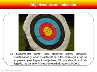 Es fundamental contar con objetivos claros, precisos,
cuantificados y tener establecida la o las estrategias que se
emplearan para lograr los objetivos. Ello nos dan el punto de
llegada, las características del resultado que se espera.
MBA CRISTIAN ABRAHAM CURO ROJAS
Objetivos de un Indicador
 