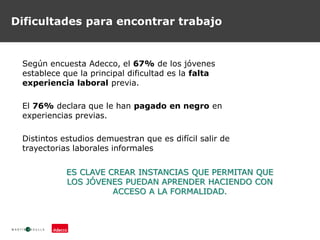 Dificultades para encontrar trabajo
Según encuesta Adecco, el 67% de los jóvenes
establece que la principal dificultad es la falta
experiencia laboral previa.
El 76% declara que le han pagado en negro en
experiencias previas.
Distintos estudios demuestran que es difícil salir de
trayectorias laborales informales
ES CLAVE CREAR INSTANCIAS QUE PERMITAN QUE
LOS JÓVENES PUEDAN APRENDER HACIENDO CON
ACCESO A LA FORMALIDAD.
 