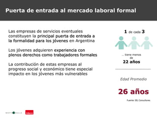 Puerta de entrada al mercado laboral formal
Edad Promedio
1 de cada 3
… tiene menos
de
22 años
26 años
Las empresas de servicios eventuales
constituyen la principal puerta de entrada a
la formalidad para los jóvenes en Argentina
Los jóvenes adquieren experiencia con
plenos derechos como trabajadores formales
La contribución de estas empresas al
progreso social y económico tiene especial
impacto en los jóvenes más vulnerables
 