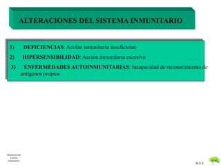 M.E.S 
ALTERACIONES DEL SISTEMA INMUNITARIO 
1) DEFICIENCIAS: Acción inmunitaria insuficiente 
2) HIPERSENSIBILIDAD: Acción inmunitaria excesiva 
3) ENFERMEDADES AUTOINMUNITARIAS: Incapacidad de reconocimiento de 
antígenos propios 
Alteracion del 
sistema 
inmunitario 
 