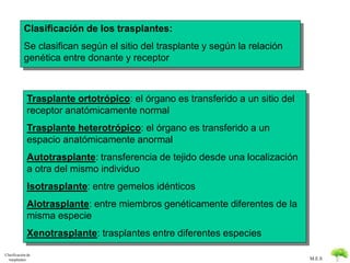 M.E.S 
Clasificación de los trasplantes: 
Se clasifican según el sitio del trasplante y según la relación 
genética entre donante y receptor 
Clasificación de 
trasplantes 
Trasplante ortotrópico: el órgano es transferido a un sitio del 
receptor anatómicamente normal 
Trasplante heterotrópico: el órgano es transferido a un 
espacio anatómicamente anormal 
Autotrasplante: transferencia de tejido desde una localización 
a otra del mismo individuo 
Isotrasplante: entre gemelos idénticos 
Alotrasplante: entre miembros genéticamente diferentes de la 
misma especie 
Xenotrasplante: trasplantes entre diferentes especies 
 