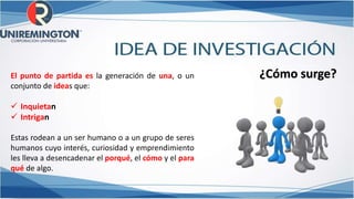 ¿Cómo surge?El punto de partida es la generación de una, o un
conjunto de ideas que:
 Inquietan
 Intrigan
Estas rodean a un ser humano o a un grupo de seres
humanos cuyo interés, curiosidad y emprendimiento
les lleva a desencadenar el porqué, el cómo y el para
qué de algo.
 