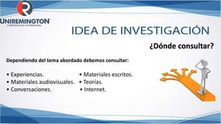 ¿Dónde consultar?
• Experiencias. • Materiales escritos.
• Materiales audiovisuales. • Teorías.
• Conversaciones. • Internet.
Dependiendo del tema abordado debemos consultar:
 