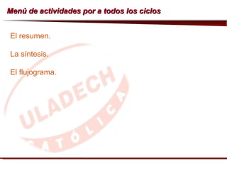 Menú de actividades por a todos los ciclos El resumen. La síntesis. El flujograma. 