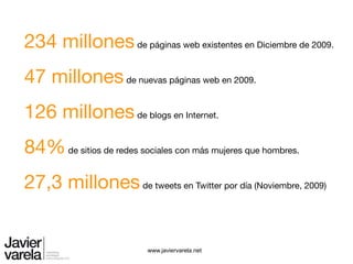 234 millones de páginas web existentes en Diciembre de 2009.
47 millones de nuevas páginas web en 2009.
126 millones de blogs en Internet.
84% de sitios de redes sociales con más mujeres que hombres.
27,3 millones de tweets en Twitter por día (Noviembre, 2009)


                          www.javiervarela.net
 