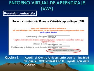 ENTORNO VIRTUAL DE APRENDIZAJE (EVA) Recordar contraseña   Opción 2.  Acudir al Centro Universitario con la  finalidad de que el COORDINADOR le  ayude con este proceso.  