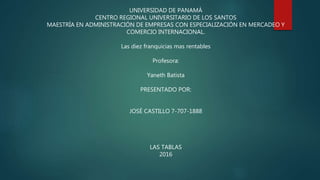 UNIVERSIDAD DE PANAMÁ
CENTRO REGIONAL UNIVERSITARIO DE LOS SANTOS
MAESTRÍA EN ADMINISTRACIÓN DE EMPRESAS CON ESPECIALIZACIÓN EN MERCADEO Y
COMERCIO INTERNACIONAL.
Las diez franquicias mas rentables
Profesora:
Yaneth Batista
PRESENTADO POR:
JOSÉ CASTILLO 7-707-1888
LAS TABLAS
2016
 