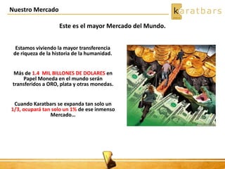 Nuestro Mercado
Este es el mayor Mercado del Mundo.
Estamos viviendo la mayor transferencia
de riqueza de la historia de la humanidad.
Más de 1.4 MIL BILLONES DE DOLARES en
Papel Moneda en el mundo serán
transferidos a ORO, plata y otras monedas.
Cuando Karatbars se expanda tan solo un
1/3, ocupará tan solo un 1% de ese inmenso
Mercado…
 