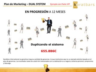 Plan de Marketing – DUAL SYSTEM
EN PROGRESIÓN A 12 MESES
Duplicando el sistema
655.886€
Karatbars International no garantiza ninguna cantidad de ganancias. Lo que mostramos aquí es un ejemplo práctico basado en el
plan de ganancias. Los resultados reales de usted irán relacionados con su dedicación a su negocio, esfuerzo personal, compromiso
y liderazgo.
Ejemplo con Packs VIP
 