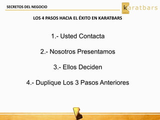 SECRETOS DEL NEGOCIO
1.- Usted Contacta
2.- Nosotros Presentamos
3.- Ellos Deciden
4.- Duplique Los 3 Pasos Anteriores
LOS 4 PASOS HACIA EL ÉXITO EN KARATBARS
 