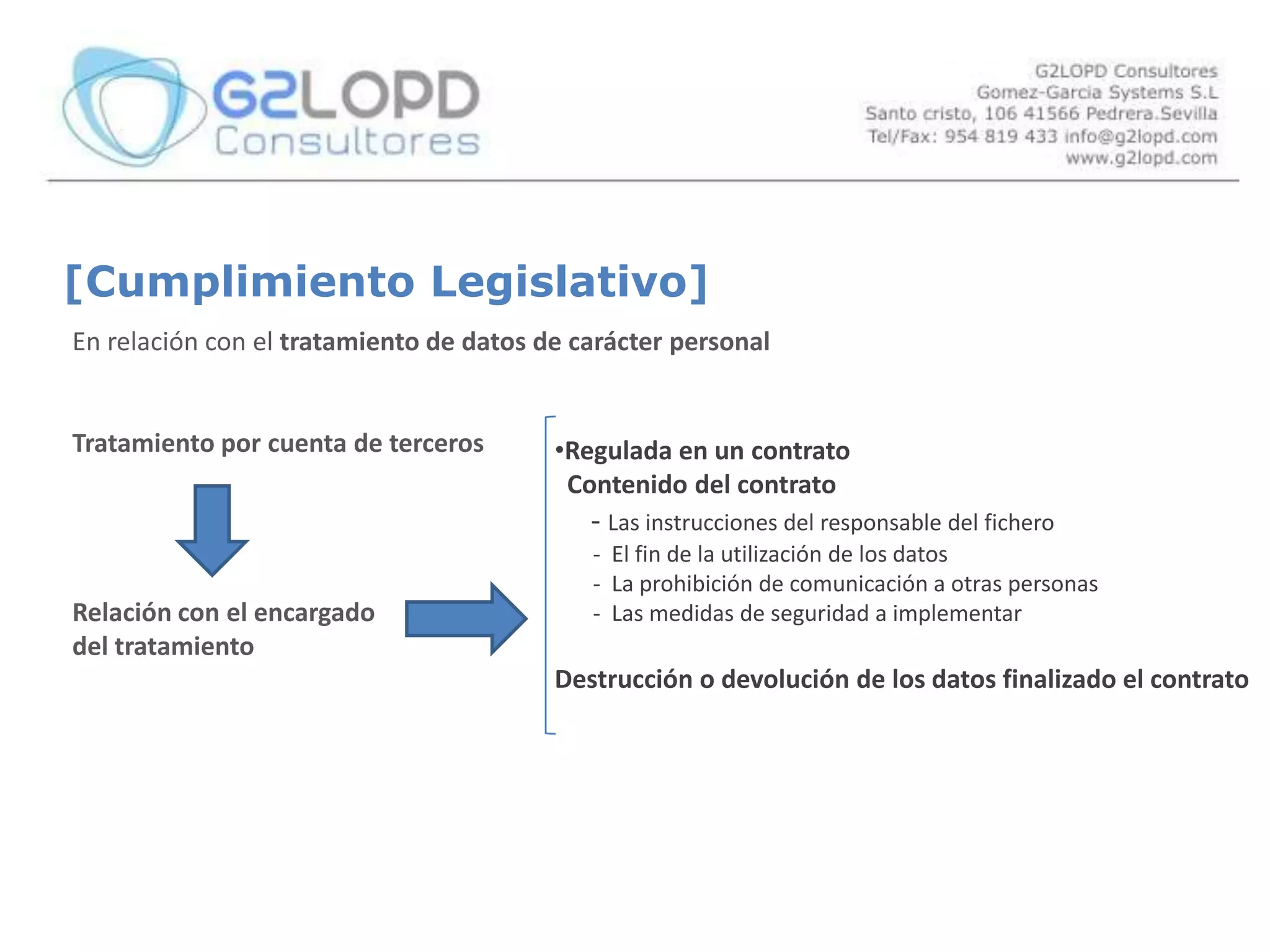 [Cumplimiento Legislativo]LOPD 15/1999 Ley Orgánica de Protección de Datos de carácter PersonalSerá necesario la referencia al cumplimiento legislativo tanto en el procesoDe RECOGIDA de datos como en su TRATAMIENTO, CESIÓN, COMUNICACIÓNy/o TRANSFERENCIA.Veremos que aspectos son necesarios tener en cuenta en cada una de estas Situaciones.