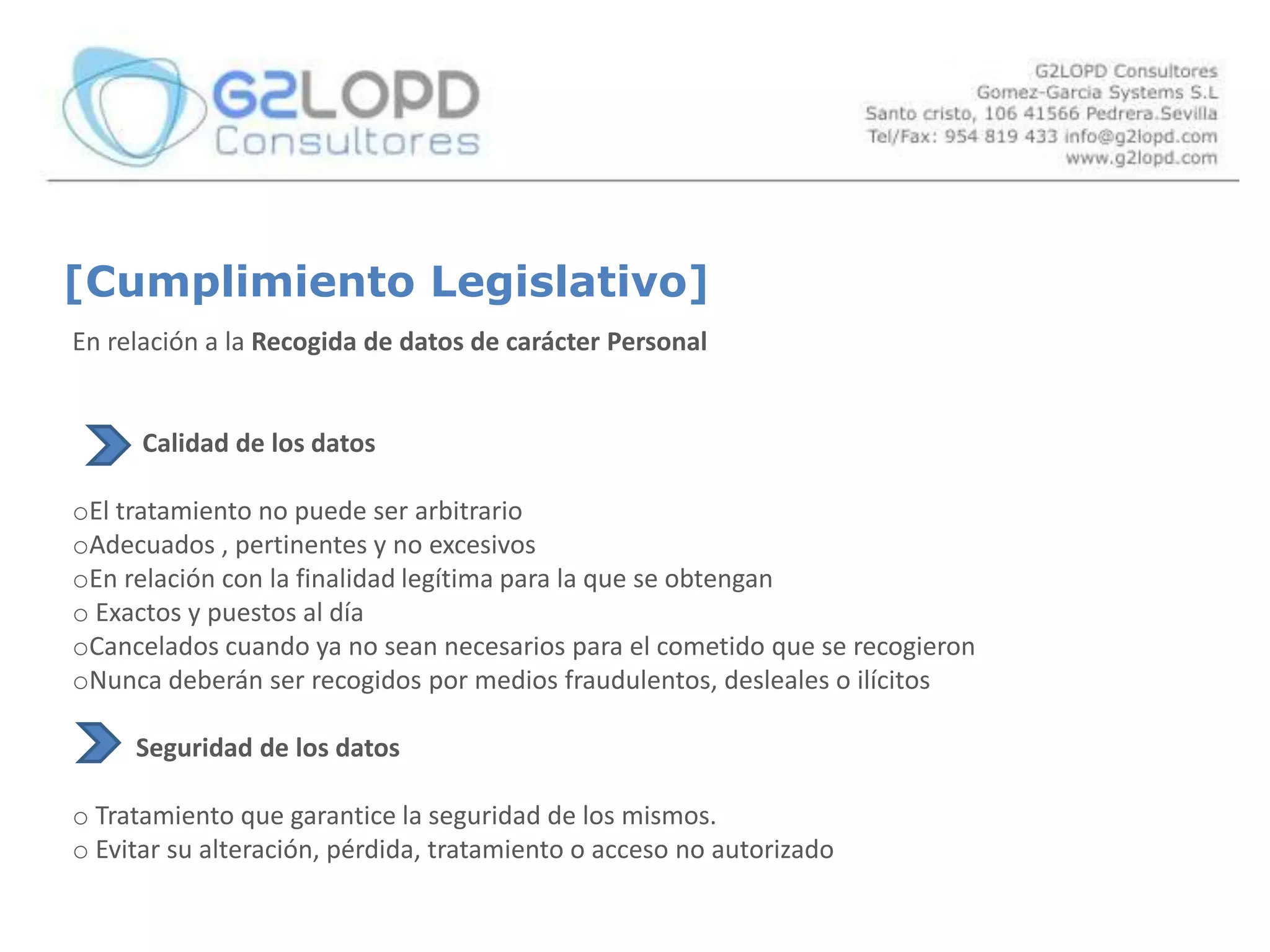 [Definiciones]LOPD 15/1999 Ley Orgánica de Protección de Datos de carácter PersonalDatos de carácter personal: Cualquier información concerniente a personas físicasidentificadas o identificablesFicheros de datos de carácter personal: Todo conjunto organizado de datos de caracter Personal, cualquiera que fuere la forma de su creación, almacenamiento,Organización y acceso.Titularidad Pública: Creados por las administraciones PúblicasTitularidad privada: Creados por un particular o empresa privada para el                                                   desarrollo de su actividad legítima.Tratamiento de los datosOperaciones y procedimientos técnicosDe carácter automatizadoo noRecogida/grabación/conversaciónelaboración/modificación/bloqueocancelación/cesiones de datosComunicacionesConsultasTransferencias