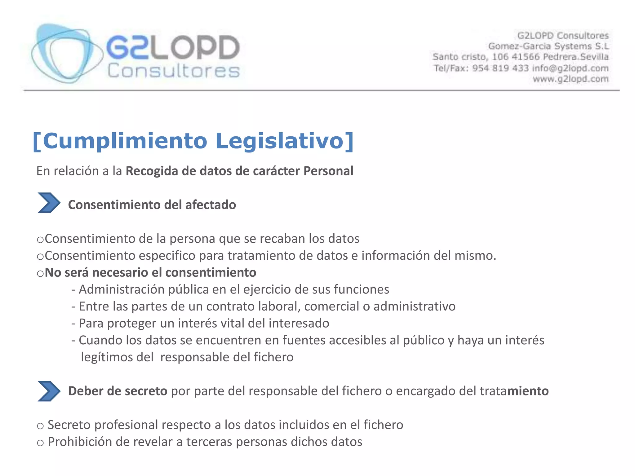 [Definiciones]LOPD 15/1999 Ley Orgánica de Protección de Datos de carácter PersonalResponsable del fichero o del tratamiento:Persona física o jurídicaPública , privada u órganoadministrativoEncargado del Tratamiento: FinalidadcontenidoUsoFichero de datospersonalesPersona física o jurídicaAutoridad públicaServicio u organismoAcceso a fichero de datospersonalesRealiza un tratamiento de los datosPor cuenta del  responsabledel ficheroAfectado o interesado: Persona física (nunca una persona jurídica)                                     Titular de los datos de carácter personal