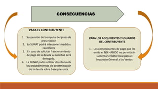 CONSECUENCIAS
PARA EL CONTRIBUYENTE
1. Suspensión del computo del plazo de
prescripción
2. La SUNAT podrá interponer medidas
cautelares
3. En caso de solicitar fraccionamiento
de pago de la deuda su solicitud será
denegada.
4. La SUNAT podrá utilizar directamente
los procedimientos de determinación
de la deuda sobre base presunta.
PARA LOS ADQUIRENTES Y USUARIOS
DEL CONTRIBUYENTE
1. Los comprobantes de pago que les
emita el NO HABIDO no permitirán
sustentar crédito fiscal para el
Impuesto General a las Ventas
 