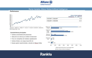 Renta Variable: Allianz Global Artificial Intelligence
Datos a 31/08/2017. Fuentes: Bloomberg, Datastream, La Financière de l’Echiquier
 