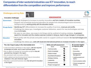Manuel Ospina 2014 – Express Yourself 
Infrastructure 
Innovation 
Human Resource 
Adaptability 
Companies of inter sectorial industries use ICT innovation, to reach differentiation from the competition and improve performance 
Innovation 
Challenges and my Role 
Skills Assessment 
Technical skills 
Sector knowledge 
Global mindset 
Quantitative/Analytical 
Strategic thinking 
Leadership 
Entrepreneurship 
Project management 
Lead innovation initiatives in the region, with the required knowledge and skills, and to reach business goals. 
Be an agent of change for innovative projects that will generate key changes in the region. 
Be persistent with innovation efforts. 
Add a global and technical point of view to innovation initiatives in the Latin American region. 
Develop a personal business idea that will permit innovation in the region. 
Finance 
Accounting 
Entrepreneurial Management 
Leading people and teams 
Communications skills 
Critical management thinking 
Government 
Private Sector 
Education 
Develop strategies to increase in-country innovation and form clusters of innovative countries. 
Support and incentivize technical education for people from disadvantaged socio-economic backgrounds by working jointly with the education sector. 
Identify key ICT differentiators to increase the quality of services, revenues and profits. 
Challenge the status quo, investigate customer behaviors, search for new technologies and new ways to do tasks. 
Be open to new ideas, new ways to do things and be unafraid of making mistakes. A persistent search for innovation and the creative exercise involved in doing so, lead to huge changes in companies. 
Work jointly with the private and public sector to support continual research for new technologies and innovation. 
Challenge the status quo, work with local and international partners to increase innovation in the region. 
Innovation challenges 
The role I hope to play in the intermediate term 
IE courses helpful to improve skills 
7 
Skills and self-assessment 
NON-EXHAUSTIVE  