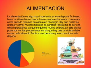 ALIMENTACIÓN La alimentación es algo muy importante en este deporte.Es bueno tener na alimentación buena tanto cuando entrenamos o corremos como cuando estamos en casa o en el colegio.Hay que evitar las grasas y comer muchos hidratos de carbono (pasta) ha de ser una dieta hipercalórica ya que se quema mucha energía.En este gráfico podemos ver las proporciones en las que hay que un ciclista debe comer cada alimento frente a una persona que no practique este deporte. 