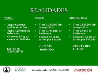 REALIDADES INDIA: Tiene 3.200.000 km 2  de superficie. Tiene 1.100 mill. de habitantes. Consume 5 kg de carnes por hab/año. GIGANTE DORMIDO ARGENTINA: Tiene 2.800.000 km 2  de superficie. Tiene 35 mill de habitantes. Consume 105 kg de carnes por hab/año HUERTA DEL  FUTURO CHINA: Tiene 9.600.000  km 2  de superficie. Tiene 1.200 mill. de habitantes. Consume 55 kg de carnes por hab/año. GIGANTE DESPIERTO 