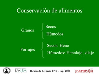 Conservación de alimentos Granos Secos Húmedos Forrajes Secos: Heno  Húmedos: Henolaje, silaje 