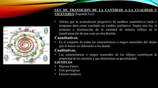 LEY DE TRANSICION DE LA CANTIDAD A LA CUALIDAD Y
VICEVERSA (Segunda Ley)
• Afirma que la acumulación progresiva de cambios cuantitativos tarde o
temprano dará como resultado un cambio cualitativo. Según esta ley, el
aumento o disminución de la cantidad de materia influye en la
transformación de una cosa en otra distinta.
Cuantitativos.
• Es el conjunto de todas las características o rasgos esenciales del objeto
que lo hacen ser diferentes a los demás
Cualitativos.
• Las características o rasgos esenciales de los objetos constituyen la
propiedad de los mismos y que determinan su peculiaridad.
EJEMPLOS
• Huevos Falsos
• Eras geológicas
• Futuros médicos
 