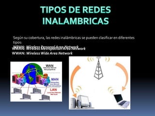 Según su cobertura, las redes inalámbricas se pueden clasificar en diferentes
tipos:
WPAN: Wireless Personal Area NetworkWMAN: Wireless Metropolitan Area Network
WWAN: WirelessWide Area Network