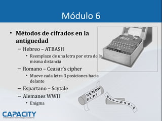 Módulo 6
• Métodos de cífrados en la
antiguedad
– Hebreo – ATBASH
• Reemplazo de una letra por otra de la
misma distancia
– Romano – Ceasar’s cipher
• Mueve cada letra 3 posiciones hacia
delante
– Espartano – Scytale
– Alemanes WWII
• Enigma
 