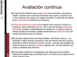 Avaliación continua
A nota final do módulo será a nota media dos trimestres, para facer a
media e preciso que a nota dos trimestres sexa igual ou superior a un
5. Se o alumno non acada un 5 nalgún trimestre, a nota final do módulo
será a nota inferior acadada nos trimestres.
A falta de asistencia a unha proba implica unha nota de 0 puntos e a
avaliación será cualificada con un 1. Se o alumno entrega xustificante
oficial que acredite a imposibilidade da asistencia e superou todas as
demais probas do trimestre, poderá presentarse ao exame final so coa
materia da proba á que non asistiu.
Se durante calquera tipo de proba (traballo, actividade, exame,...) se
descobre a algún alumno copiando a nota da mesma será de 0 puntos,
pasando a nota do trimestre a ser de 1 punto. A proba será avaliada da
mesma forma se o alumno incumpre algunha das `normas básicas nas
aulas ou deberes dos alumnos'.
Se hai algún traballo de investigación que abrangue unha unidade
didáctica completa este puntuarase de 0 a 10 como se se tratase dunha
 