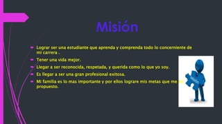 Misión
Lograr ser una estudiante que aprenda y comprenda todo lo concerniente de
mi carrera .
Tener una vida mejor.
Llegar a ser reconocida, respetada, y querida como lo que yo soy.
Es llegar a ser una gran profesional exitosa.
Mi familia es lo mas importante y por ellos lograre mis metas que me he
propuesto.