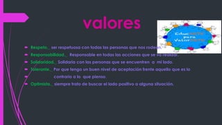 valores
 Respeto._ ser respetuosa con todas las personas que nos rodean.
 Responsabilidad._ Responsable en todas las acciones que se va realizar.
 Solidaridad._ Solidaria con las personas que se encuentren a mi lado.
 Tolerante._ Por que tengo un buen nivel de aceptación frente aquello que es lo
 contrario a lo que pienso.
 Optimista._ siempre trato de buscar el lado positivo a alguna situación.
 