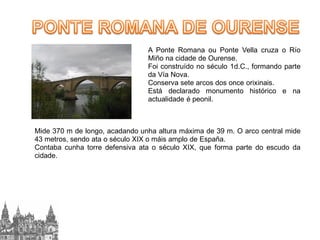 A Ponte Romana ou Ponte Vella cruza o Río
Miño na cidade de Ourense.
Foi construído no século 1d.C., formando parte
da Vía Nova.
Conserva sete arcos dos once orixinais.
Está declarado monumento histórico e na
actualidade é peonil.

Mide 370 m de longo, acadando unha altura máxima de 39 m. O arco central mide
43 metros, sendo ata o século XIX o máis amplo de España.
Contaba cunha torre defensiva ata o século XIX, que forma parte do escudo da
cidade.

 