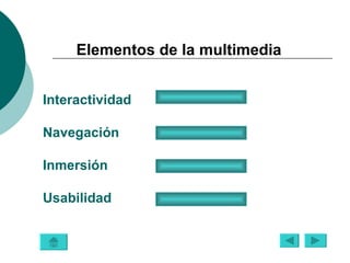Elementos de la multimedia


Interactividad

Navegación

Inmersión

Usabilidad