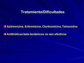 Tratamiento/Dificultades Azitromicina, Eritromicina, Claritromicina, Tetraciclina Antibióticos beta lactámicos no son efectivos   
