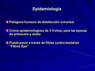 Epidemiología   Patógeno humano de distribución universal Ciclos epidemiológicos de 3-5 años, para las épocas de primavera y oto ñ o  Puede pasar a través de filtros contra bacterias “Filtros Epa”  