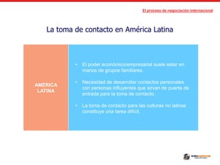 El proceso de negociación internacional
La toma de contacto en América Latina
AMÉRICA
LATINA
• El poder económico/empresarial suele estar en
manos de grupos familiares.
• Necesidad de desarrollar contactos personales
con personas influyentes que sirvan de puerta de
entrada para la toma de contacto.
• La toma de contacto para las culturas no latinas
constituye una tarea difícil.
 
