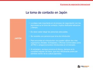 El proceso de negociación internacional
La toma de contacto en Japón
JAPÓN
• La etapa más importante en el proceso de negociación con los
japoneses es la toma de contacto. Implica dedicarle esfuerzos
y tiempo.
• Es clave saber elegir las personas adecuadas.
• Se necesita una persona que sirva de introductor.
• Para encontrar al «introductor» se pueden utilizar dos vías:
organismos oficiales: Embajadas y Oficinas Comerciales como
JETRO o amigos/conocidos introducidos en el mercado.
• Al extranjero, aunque conozca el idioma, siempre se le
considera alguien de fuera, que muy difícilmente podrá ser
admitido dentro de la cultura japonesa.
 