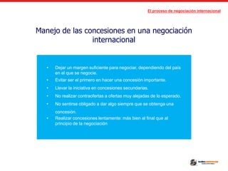 El proceso de negociación internacional
Manejo de las concesiones en una negociación
internacional
• Dejar un margen suficiente para negociar, dependiendo del país
en el que se negocie.
• Evitar ser el primero en hacer una concesión importante.
• Llevar la iniciativa en concesiones secundarias.
• No realizar contraofertas a ofertas muy alejadas de lo esperado.
• No sentirse obligado a dar algo siempre que se obtenga una
concesión.
• Realizar concesiones lentamente: más bien al final que al
principio de la negociación
 